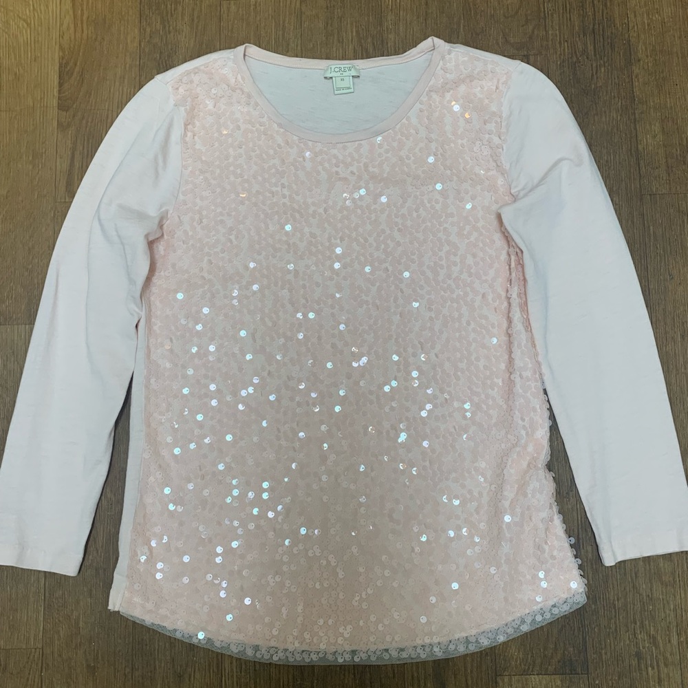 J.Crew Factory Sequined Long Sleeve Blush Pink Pullover Blouse Lined 100% Cotton